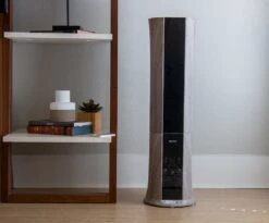 AIRCARE ESSENTIALS PILLAR Ultrasonic Cool Mist Whisper Quiet Humidifier -Home Furnishings Store aircare pillar on showroom floor